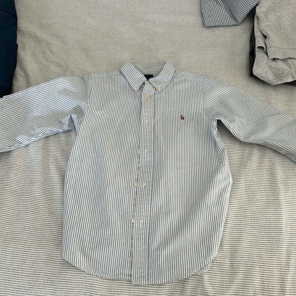 Ralph Lauren, long sleeve blue and white striped dress shirt, size 7 boys